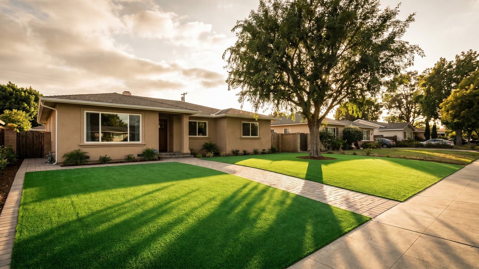 Artificial grass installation in progress, Southern California residential property