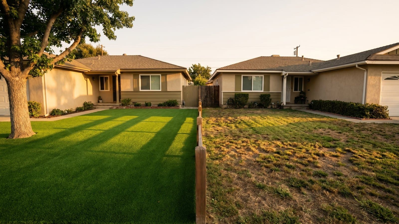 Side-by-side comparison of artificial turf and natural grass lawn in Southern California