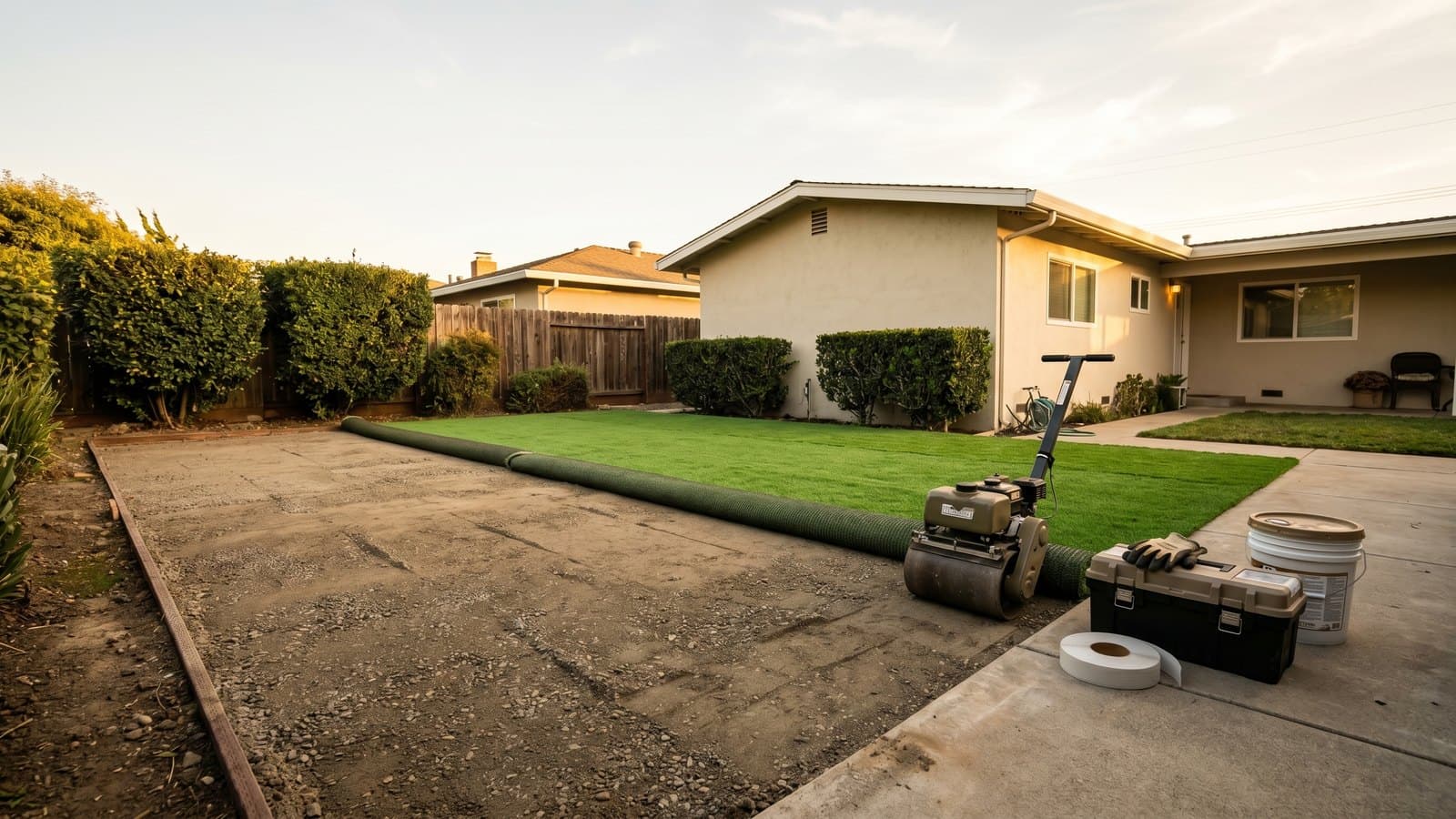 Artificial turf installation work in progress at Southern California residential property