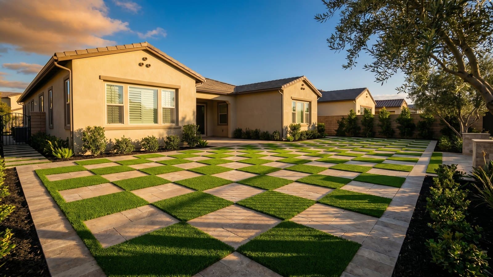 Pavers and artificial turf integrated landscape design