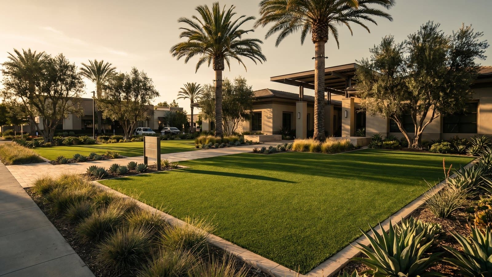 Commercial artificial turf installation at hotel courtyard