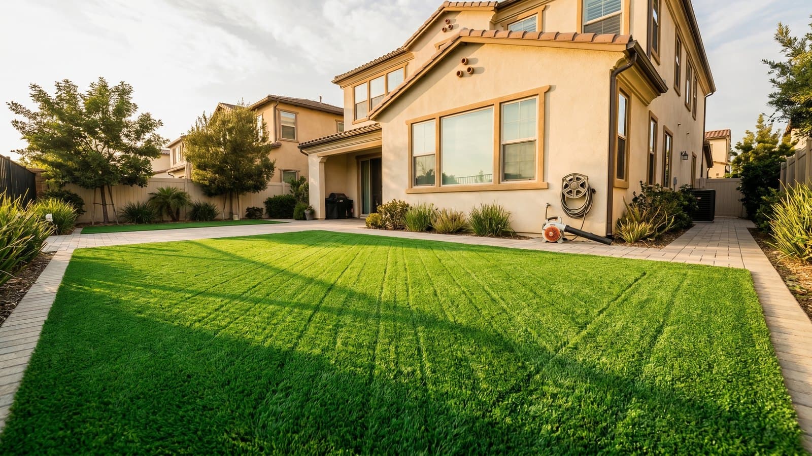 Artificial grass maintenance: rinsing and brushing synthetic turf