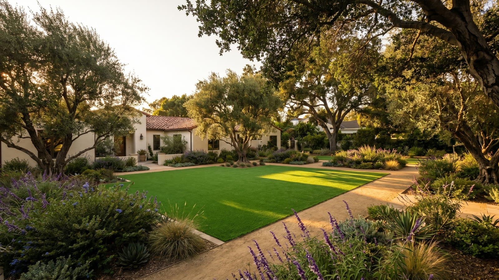 Drought-tolerant landscape design in Los Angeles featuring artificial turf and native plants