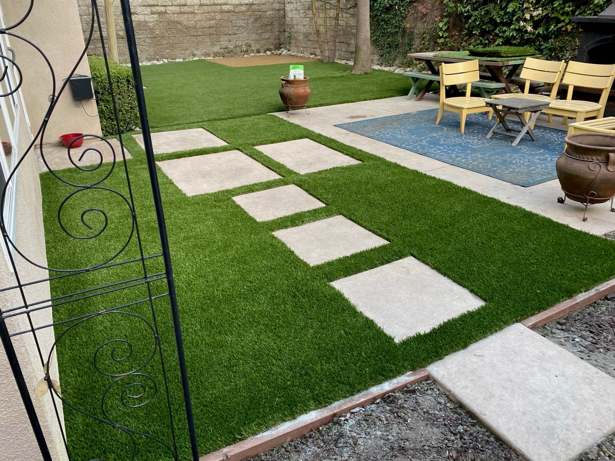 Thousand Oaks courtyard pavers-and-turf install, 750 square feet SYNLawn Premium with HeatBlock